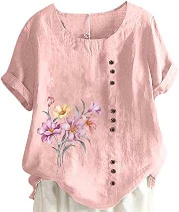 Majice za pamučne posteljine za žensko ljeto plus veličine vrhova cvjetnog tiska za kratki rukav gumb TEes Crew Crt Bluuses