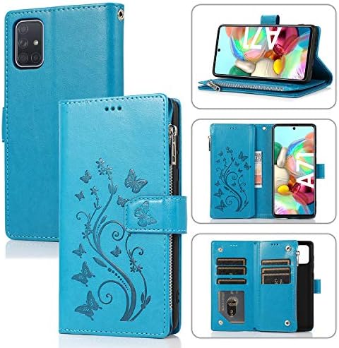 UEEBAI torbica za novčanik za Samsung Galaxy A21s, Premium PU kožna magnetno zatvaranje cvijet uzorak torba Zipper džepna futrola držač za kartice držač za kartice otporan na udarce preklopni poklopac za Galaxy A21s-plava
