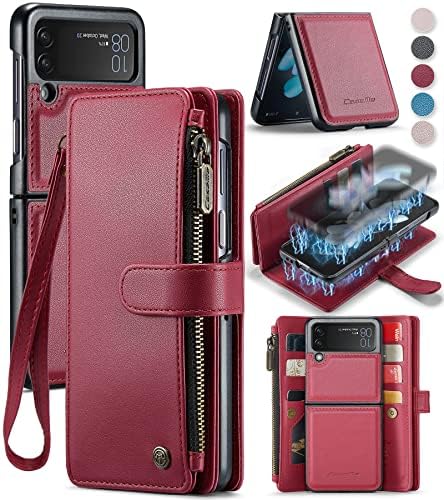 CaseMe za Samsung Galaxy Z Flip 4 5G case Wallet Case Cover For Women Men Durable 2 in 1 odvojiva vrhunska koža sa 10 držača za kartice slotovi Magnetic Zipper torbica Flip Lanyard remen Wristlet Red