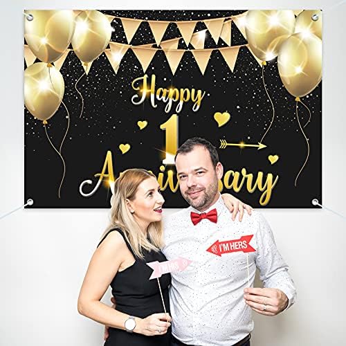 HAMIGAR 6x4ft Happy 1st Anniversary Banner Backdrop - 1 dekoracije za godišnjicu braka potrepštine za zabavu - crno zlato