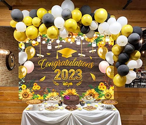 7x5ft 2023 Čestitamo Grad suncokretova drvena pozadina balon Glitter Drvo cvjetna Matura pozadina High School College Congrats Party Booth rekviziti