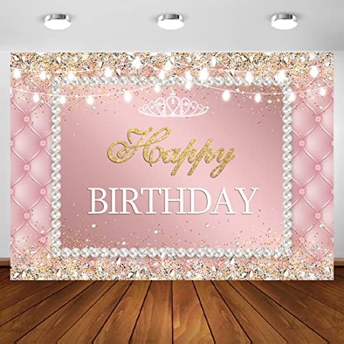 Aperturee 10x7ft Pink Happy Birthday Backdrop Crown Pearls Diamonds Gold Dots Girl Women Sweet 16th 18th