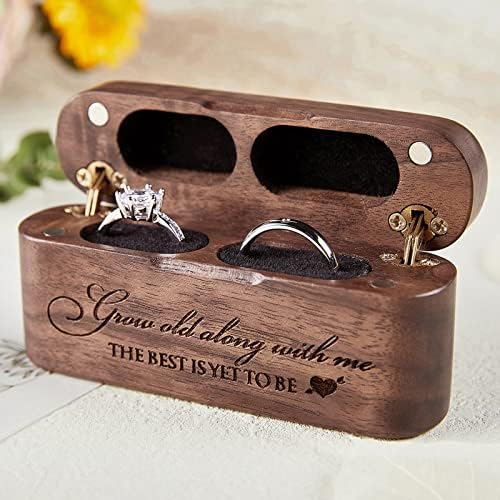AW Bridal prstenasti nosač za 2 ugrađeno, ugravirano vjenčano prstenova kutija orah prstena za drva za angažman