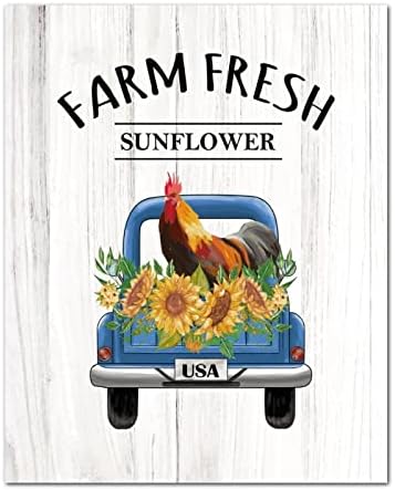 Farm Fresh Suncokretorni drveni znakovi Farm Rooster Plavi kamion DRVENI PANELS Farmhouse Ljeto cvjetno
