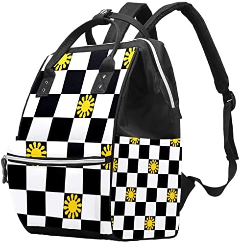 Žuti cvijet na crno-bijelim kockerskim pločama ruksaka ruksaka za ruksak za promjene djeteta za dijete Multi funkcija Veliki kapacitet Putna torba