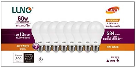LUNO A19 LED sijalica bez zatamnjivanja, 9.0 W , 800 lumena, 2700k , Srednja baza, ul sertifikat
