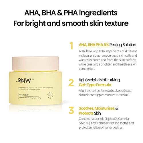 RNW Der. Clear AHA BHA Pha Piling Maska 90ml / 3.04 fl. Oz | nježni duboki gel za piling lica za čistu glatku kožu i čiste pore, pogodan za osjetljivu kožu / korejska Njega kože
