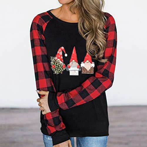 Žene Crewneck Dukserice Moda 2023 Novogodišnji božićni džemperi s dugim rukavima Buffalo Plaid Cheer Gnome Print Bluza