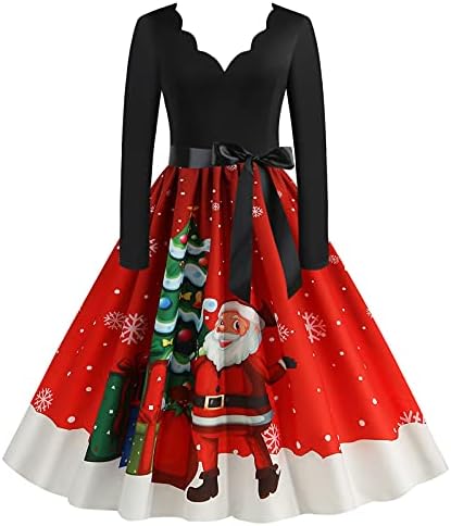 NaRHbrg dame Božić Swing Dress Božić Santa Print Flare haljine za žene Dugi rukav haljina Party koktel svečana