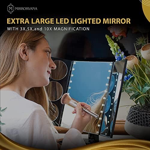 MIRRORVANA 3way osvijetljeni Makeup ogledalo sa 10x / 5X / 3X uvećanje Trifold Panel i veliki & udoban ručni