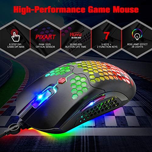 FELICON žičani lagani miš za igre, PAW3325 12000dpi Mice11 RGB miševi sa pozadinskim osvetljenjem sa 7 tastera