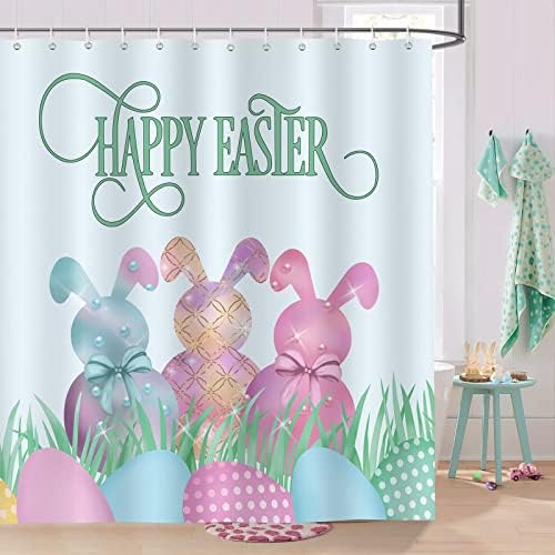 Bonhause Happy za zavjese za tuširanje 72 x 72 inča smiješne zečeve ružičasta i plava jaja ukrasna kupatila