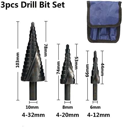 Zyzstr 3pcs STEP set za bušenje 4-12 / 20-32 mm nikloljubivi spiralni utor za pušenje od metala Otvor za