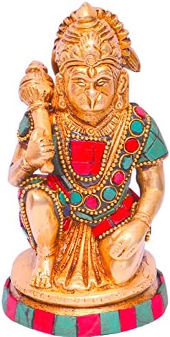 Purpledip Lord Hanuman / Bajrangbali Idol u čistom mesingu sa veličanstvenim kamenom od kamena za stol,