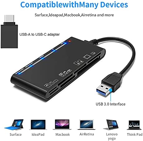 Čitač kartica USB 3.0 sa USB-C adapterom, 7 U 1 Čitač memorijskih kartica, USB 3.0 High Speed CF/SD/TF/XD/MS/Micro