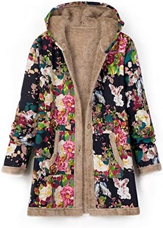 Sherpa obložena jakna Ženska vintage Western Print Fleece jakna Debljina dugih rukava Topla zima kapuljača
