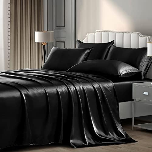 P Pothuini 6-komadni kraljica satenskih listova luksuzno svilenkasto crni satenski posteljini za posteljinu, 1 duboki džepni posteljini + 1 ravni list + 4 jastuka