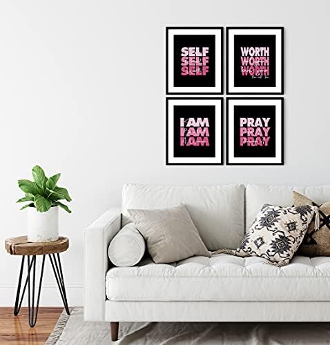 HUYAW Pink žena djevojka Inspirational Quotes Pray Worth Wall Art Prints Set 4, motivacijski Posteri pokloni za žene Teen Djevojke Soba početna spavaća soba ured koledž spavaonica dekor, 8 x 10 u