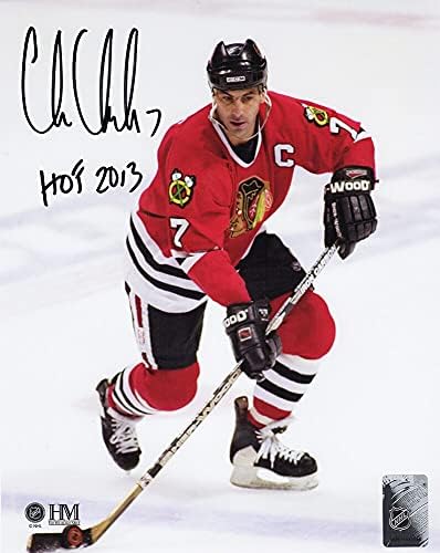 Chris Chelios potpisao Chicago Blackhawks sa Pak Action 8x10 Photo w / HOF 2013-Schwartz Authentic
