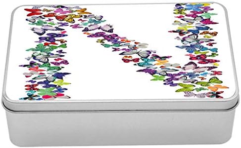 AMBESONNE LISTO N TIN kutija, leptiri u različitim kombinacijama boja u obliku slova N obliku slova, prenosni materijal za odlaganje pravokutnika sa poklopcem, 7.2 x 4,7 x 2.2 , višebojna