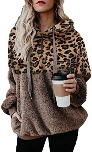 LEOPARD Zip džepni džemper za žene umjetne vunene patentne zatvarače džepove dukserica sa dukselom leopard