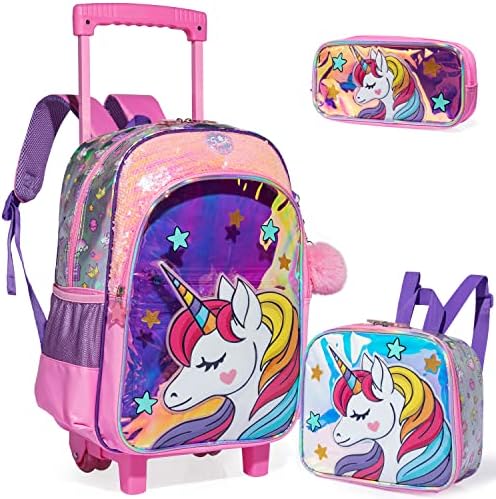 Egchescebo kids Rolling Kid Travel Toddler Duffle torba jednorog ruksak za djevojčice nošenje prtljaga Roller računarski kofer sa Pernicom i kutijom za ručak točkovi ruksaci na točkovima plišano ružičasti