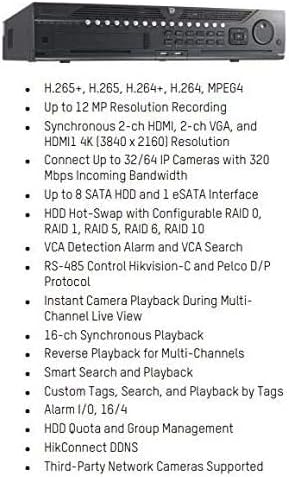 Hikvision DS-9664NI-I8-6TB 64-kanal 4k 12K 12MP Hikconnect DDNS VCA ALARM SMART NVR Uz Alarm I / O, podrška Raid 0,1,5,6,10, američka verzija,