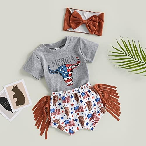 TODDLER Baby Girl 4. jula Outfit kravlje vrhove i američke hlače za zastave sa trakom za glavom Ljeto 3pcs