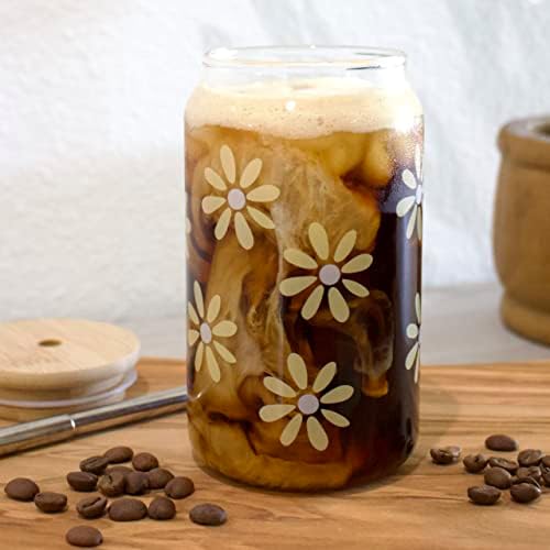Gvožđe & amp; kremena žuta tratinčica ledena čaša za kafu sa bambusovim poklopcem i slamkom / 16oz staklo