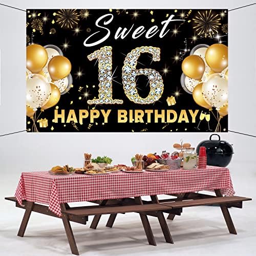 Sweet 16 Backdrop Birthday dekoracije, Sweet Sixteen Photo Booth rekvizite, crno zlato Happy 16th birthday