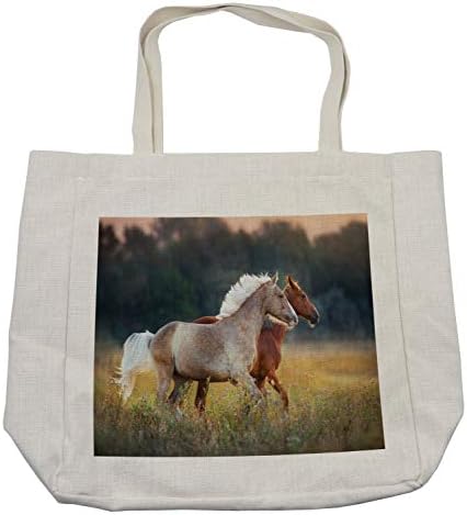 Ambesonne torba za kupovinu domaćih životinja, slikovita Palomino i kesten konj brzo trči na livadi sa divljim
