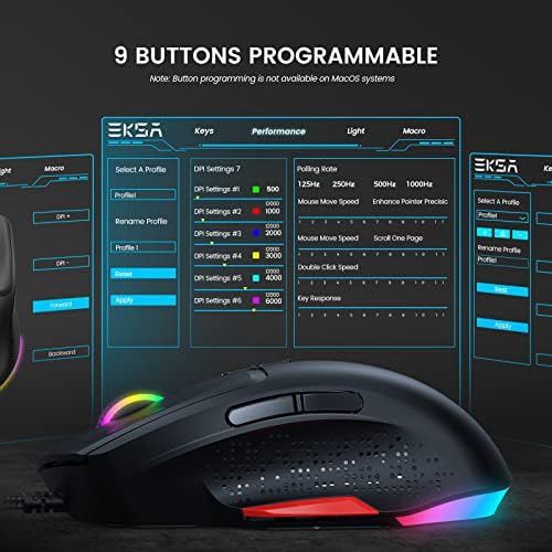 EKSA Gaming Mouse, 12 RGB režima pozadinskog osvetljenja žičani PC računarski miš sa snajperskim dugmetom, visoko precizno podesivi 12000 DPI, 9 programabilnih dugmadi za radnu kancelariju igrača laptopa