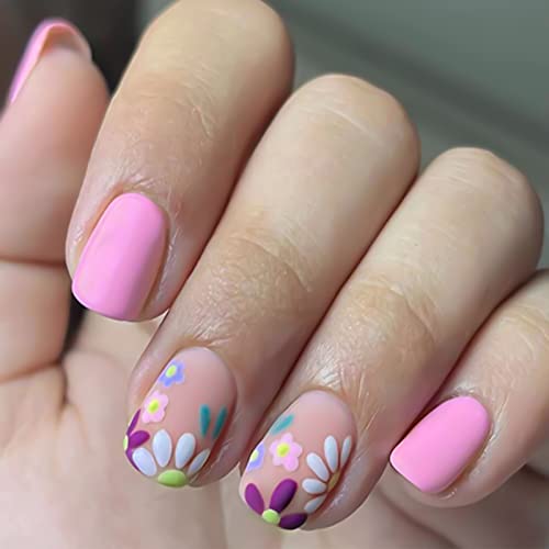 YOSOMK Pink lažni nokti kratka kvadratna presa na noktima sa dizajnom cvijeta mat puni poklopac lažni nokti
