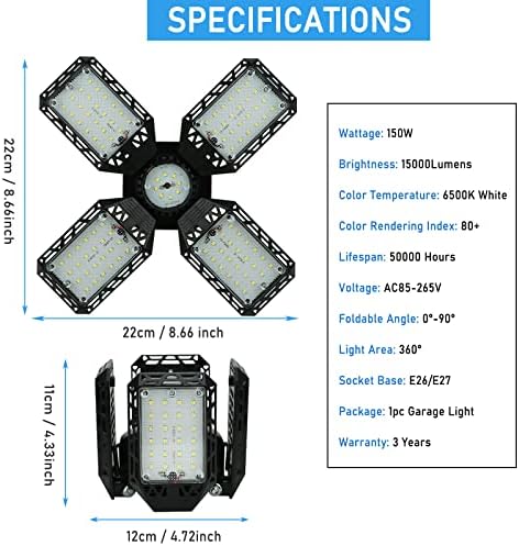 QiyuanLS LED Garažno svjetlo,150w deformabilna LED garažna stropna svjetla,15000lm garažna svjetla sa 4