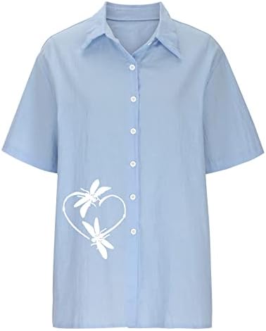 Pamučne platnene majice za žene 2023. ljetni kratki rukav Dragonfly Grafički vrhovi rever gumb dolje tunička bluza