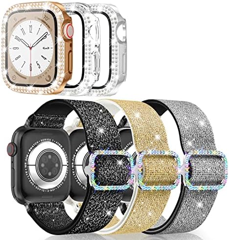 Sloid Apple Watch Women Band & Case kompatibilan sa iWatch-om samo na licu od 44 mm, 3 pakovanje elastičnog najlonskog rastezljivog nosača za ručni nosač sa blikovima dijamantskih prekrivača