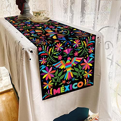 NRAMOOS Meksički Otomi trkač stola 13. 7x75Inches Crne šarene ptice cvjetne poliesterske tkanine za pranje