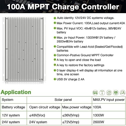 Ooycyoo MPPT kontroler punjenja 100 amp 12V/24V Auto, 100A Regulator punjenja solarne ploče sa Blacklight