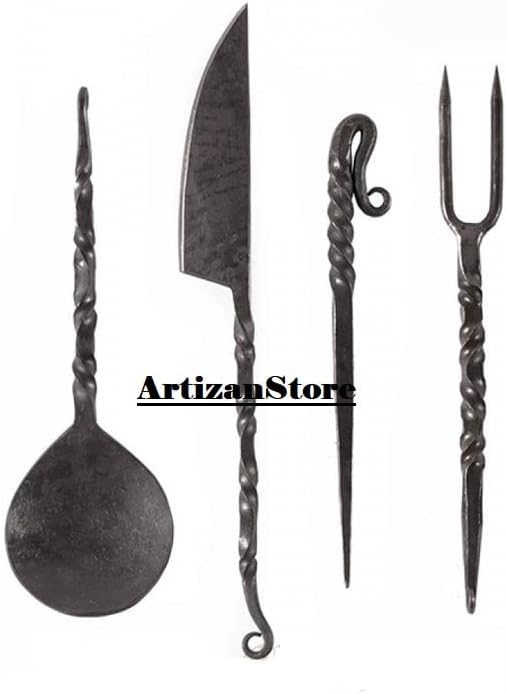 Srednjovjekovni Set pribora za jelo od gvožđa sa kožnom torbicom, kuhinja, kašika, Ražanj, viljuška, poklon