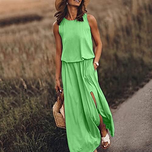 Ženske haljine bez rukava bez rukava s džepovima ljetna elastična struka plaža Maxi Sendresses Side Split