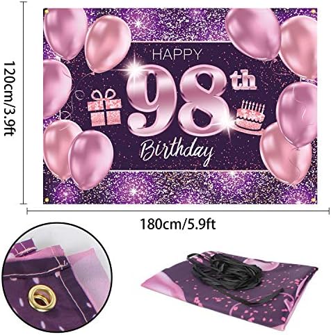 Pakboom Happy Banner 98. rođendan Backdrop - 98 rođendanskih ukrasa za žene za žene - ružičasta ljubičasta zlato 4 x 6ft