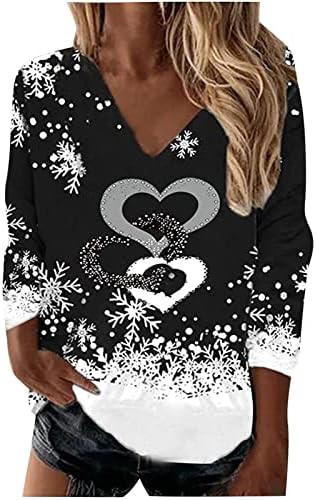 Božić majice za žene Snowflake Heart grafički Casual Dugi rukav pulover Tee Top labavi V-izrez Božić Duks