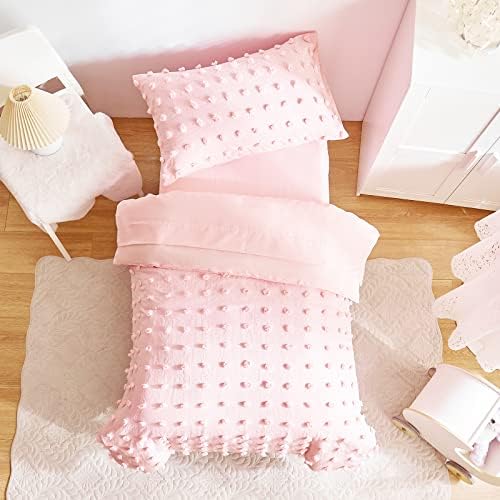 4 komada posteljina za posteljinu za posteljinu od podsticajnog ružičaste jacquard pom Pom Tufts, soft i