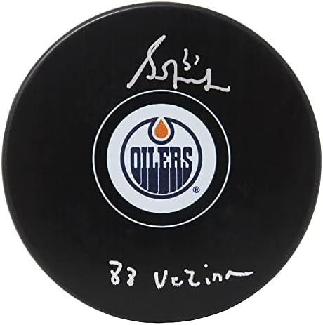Grant fuhr potpisao Edmonton Oilers Logo Hockey Pak w / 88 Vezina - Autogramed NHL Paks