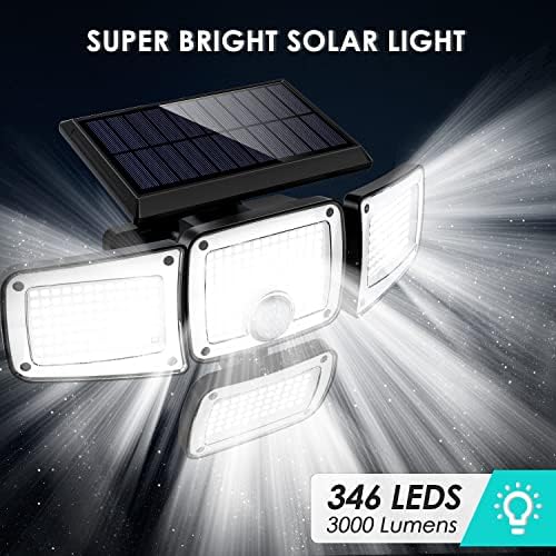 Claoner Solarna svjetla, 346 LED 3000LM Svjetla za kretanje s daljinskim upravljačem, 4-glavom visoke svjetlosne