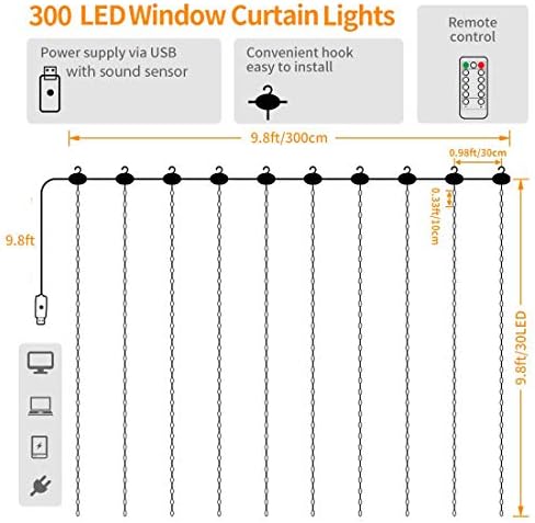 Epidgadget svjetla za zavjese za prozore, 300 LED USB Napajano bakarno žičano svjetlo s daljinskim upravljačem za vjenčanje kućni vrt spavaća soba Božićni zidni ukrasi