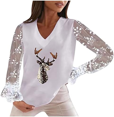 Ženska V izrez čipka dugih rukava s dugim rukavima Božićne reindeer Boja blok pulover vrhove modne smiješne duksere za odmor