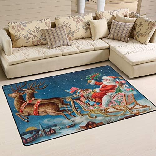 Alaza područje Rug, Sretan Božić Jolly Night Santa klauzula Riding Reindeer Sky Floor Rug Non-Slip otirač