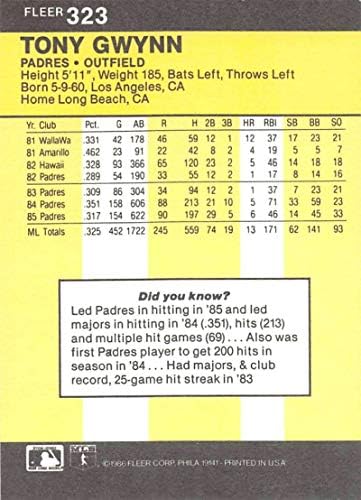 1986. Bejzbol fleera 323 Tony Gwynn San Diego Padres službena MLB trgovačka kartica