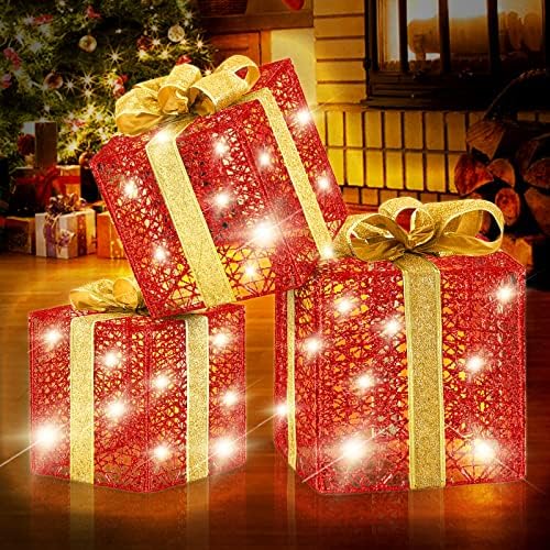 Set od 3 osvijetljene poklon kutije Božićna dekoracija Gold i Crveni presvijetli poklon sa vrpcama i lukovima